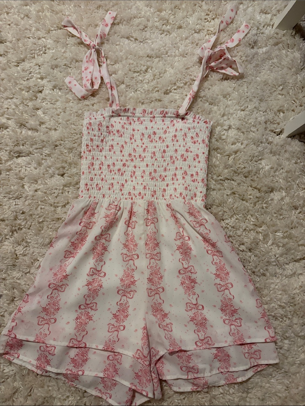 Francesca's Collections Pink and White Smocked Tie-Strap Romper Shorts
